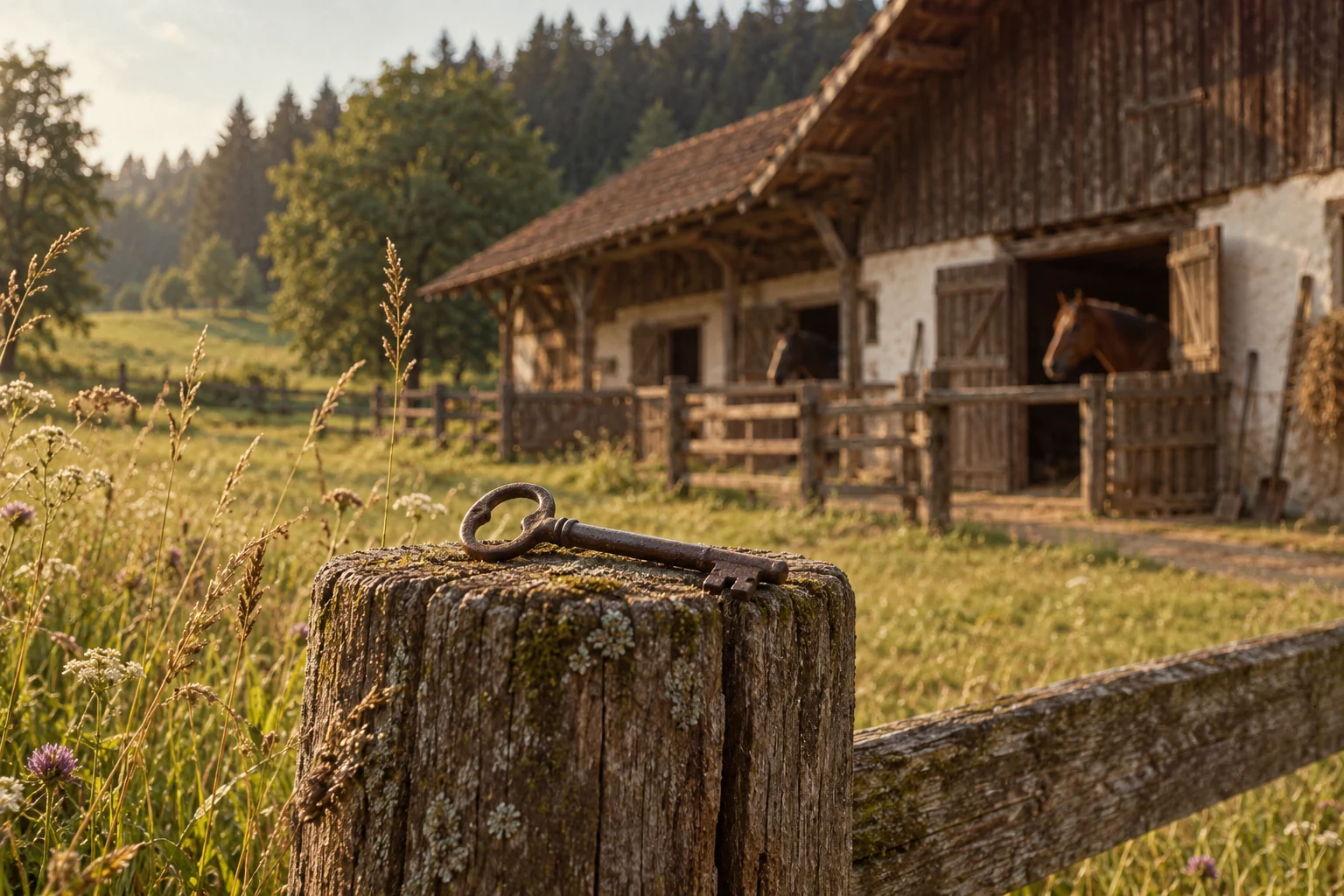 Ein alter Schlüssel am Weidezaun als Motiv für den Beginn des Betriebs