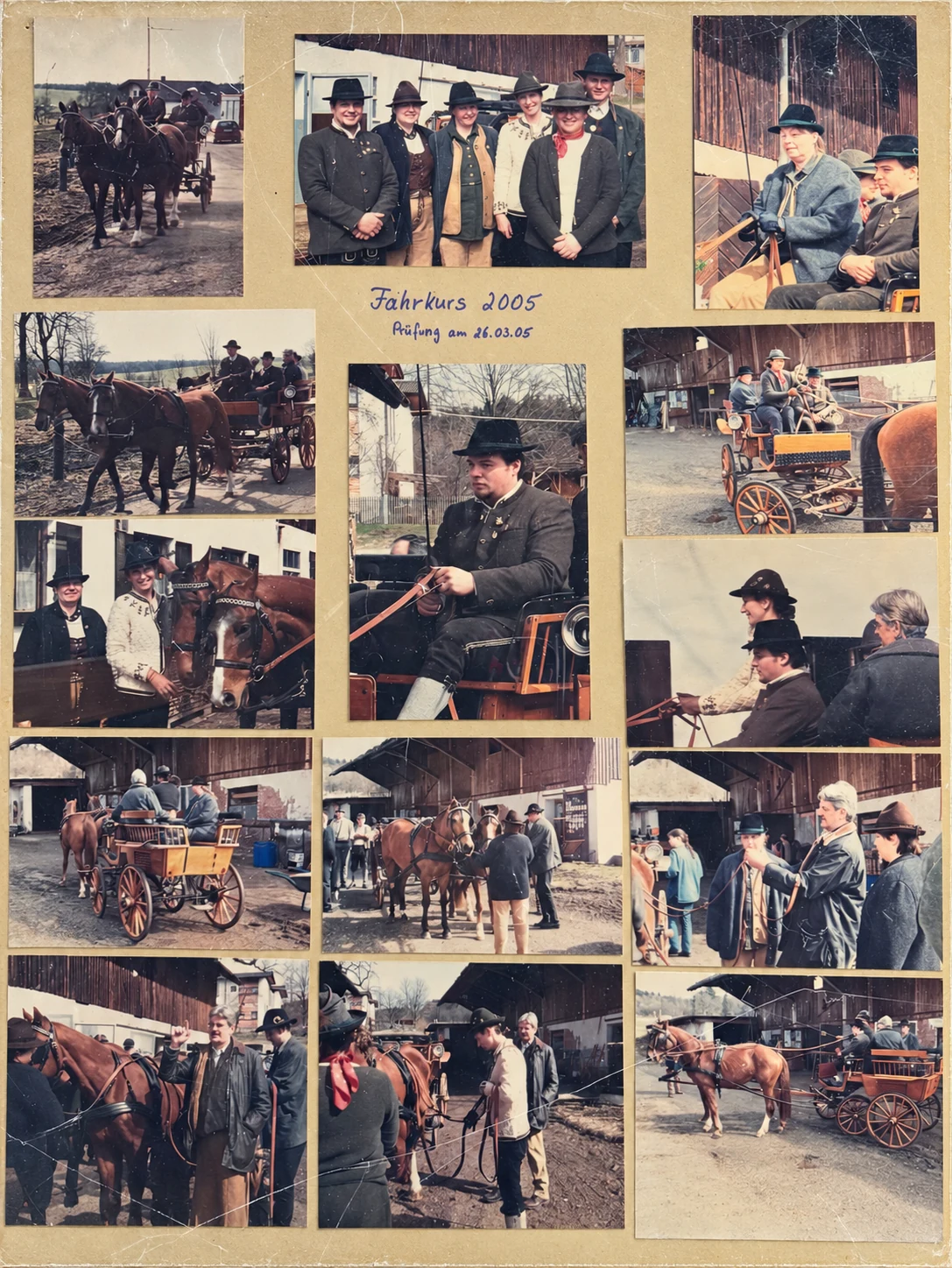 Historische Fotocollage mit Pferden, Kutschen und Menschen aus dem Betrieb