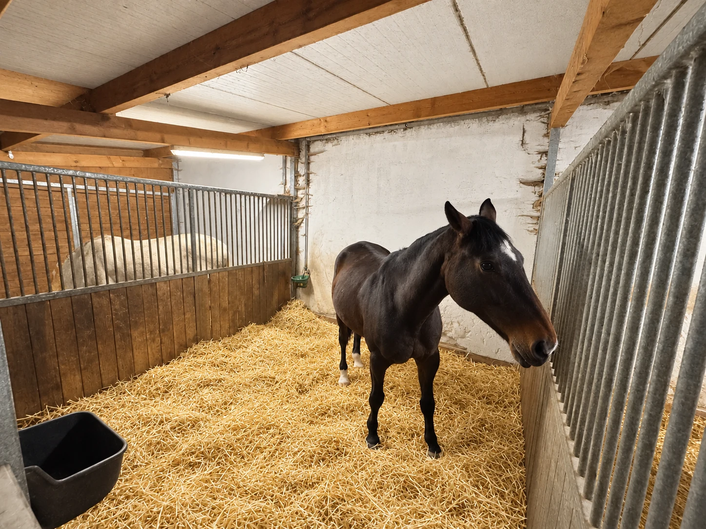 Pferd in einer stroheingestreuten Innenbox