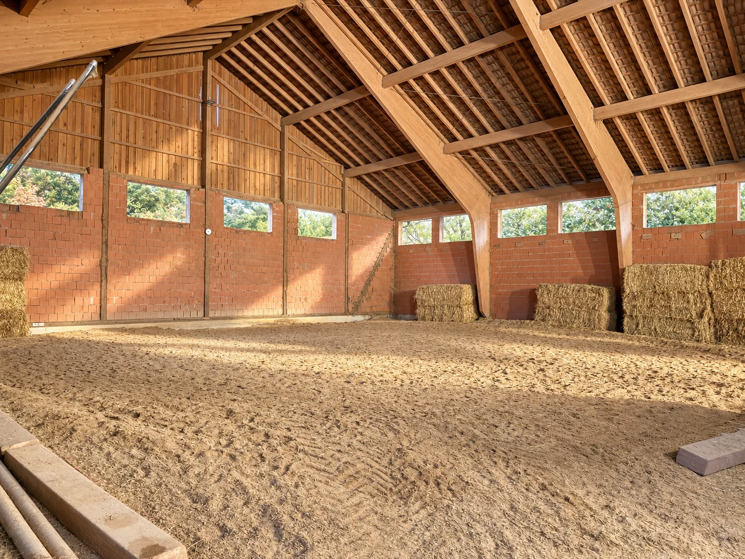 Blick in die Longierhalle mit Sandboden und Holztragwerk