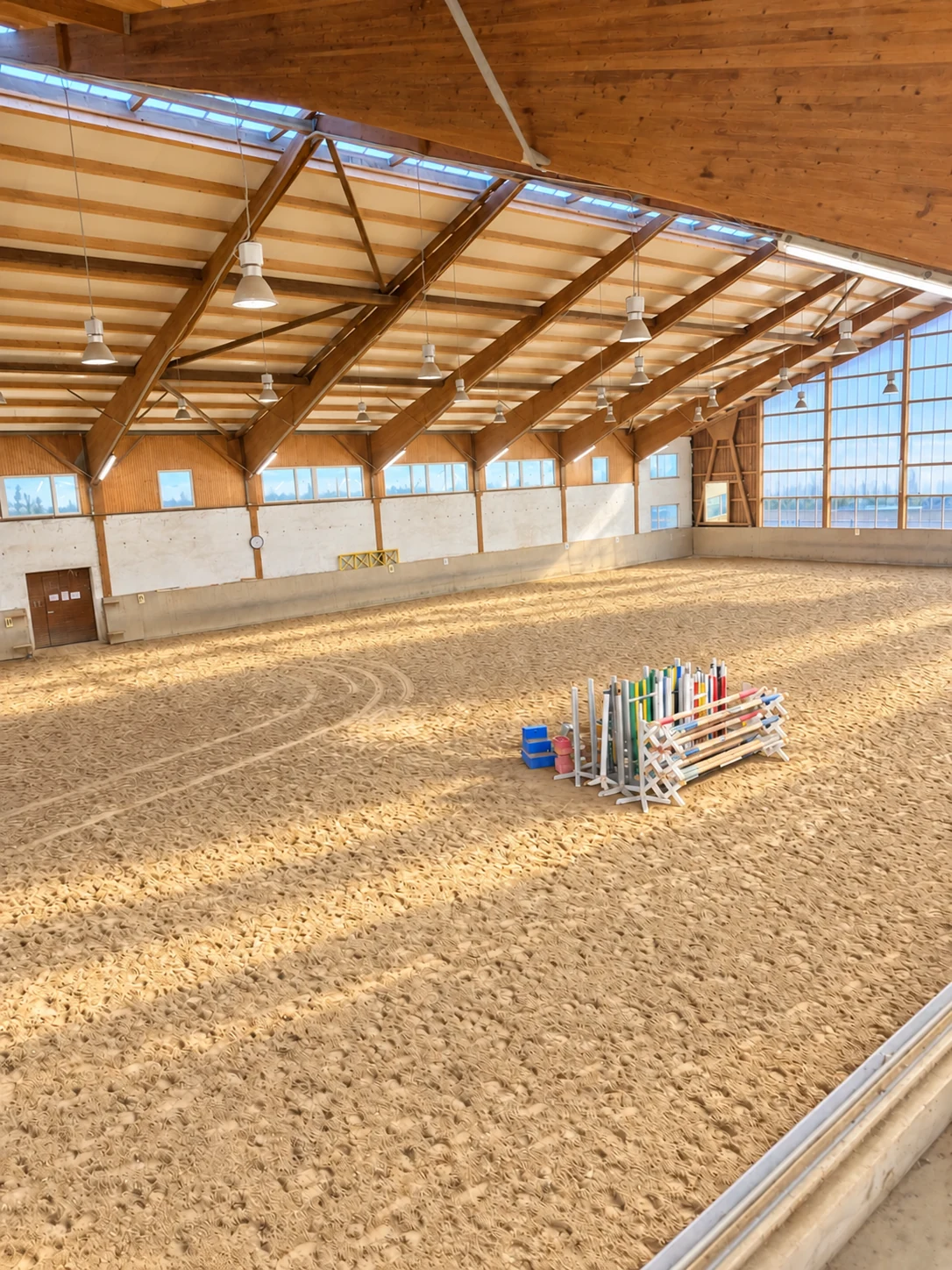 Blick in die Reithalle mit Sandboden und gelagertem Sprungmaterial